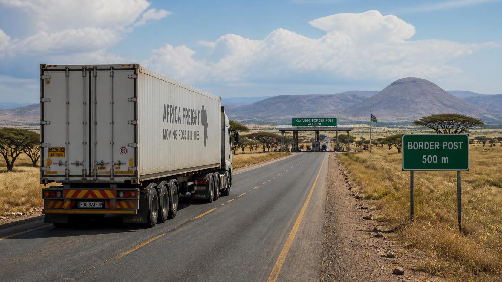Road cargo truck driving through customs border post