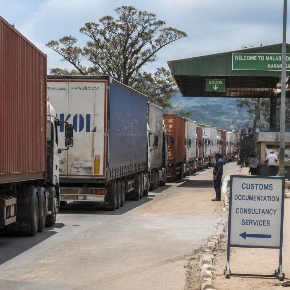 Queue of cargo trucks awaiting inspection at customs post